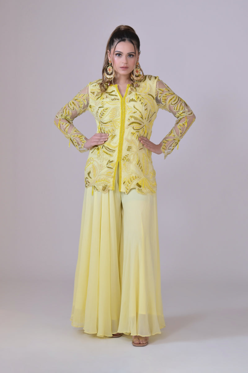 Lemon Yellow Floral Work Jacket with Sharara