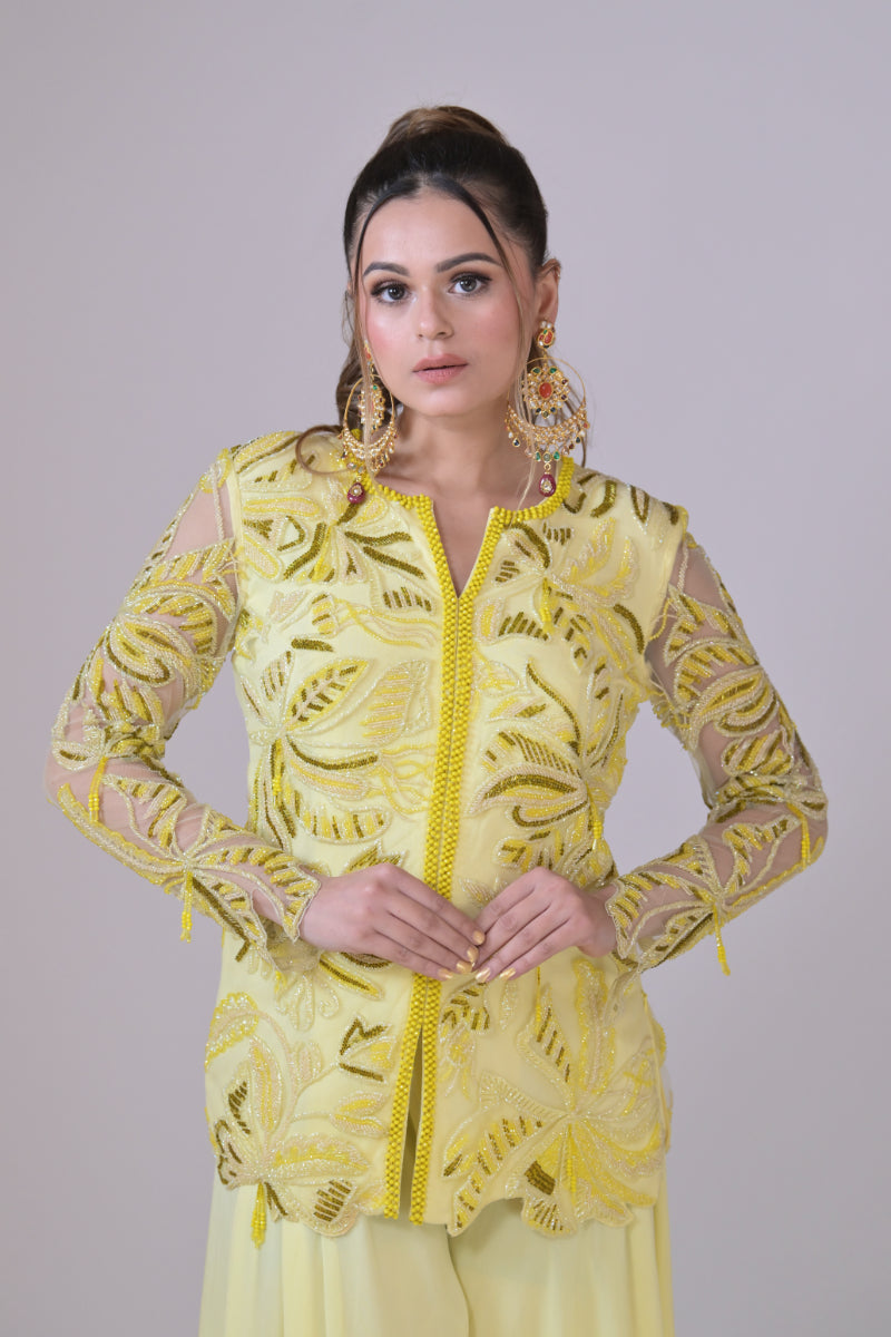 Lemon Yellow Floral Work Jacket with Sharara