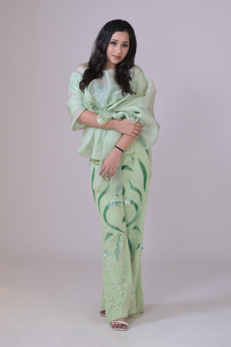 Light green hand embelished pants and an organza drape top