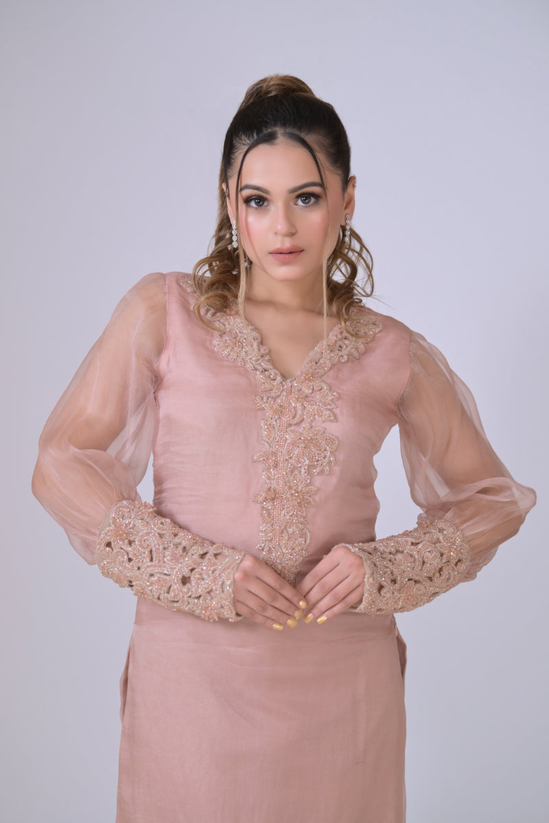 Nude pink organza shirt with neck and arms handwork