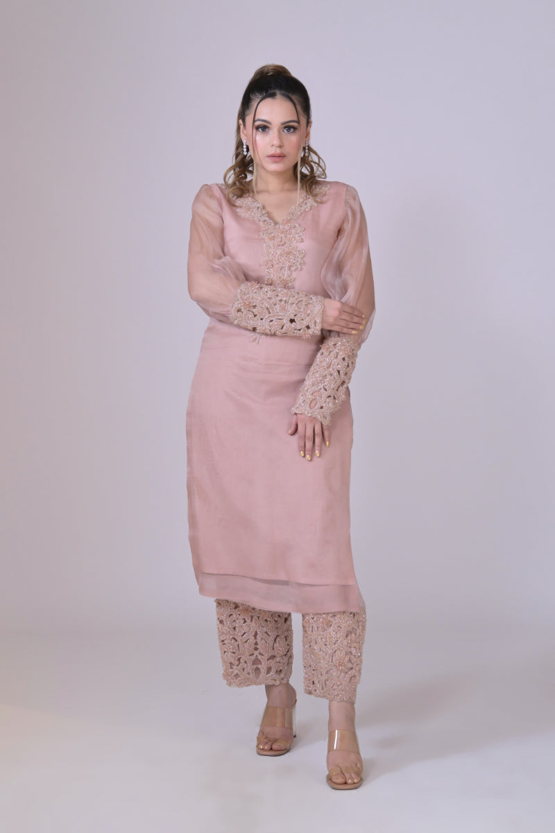 Nude pink organza shirt with neck and arms handwork