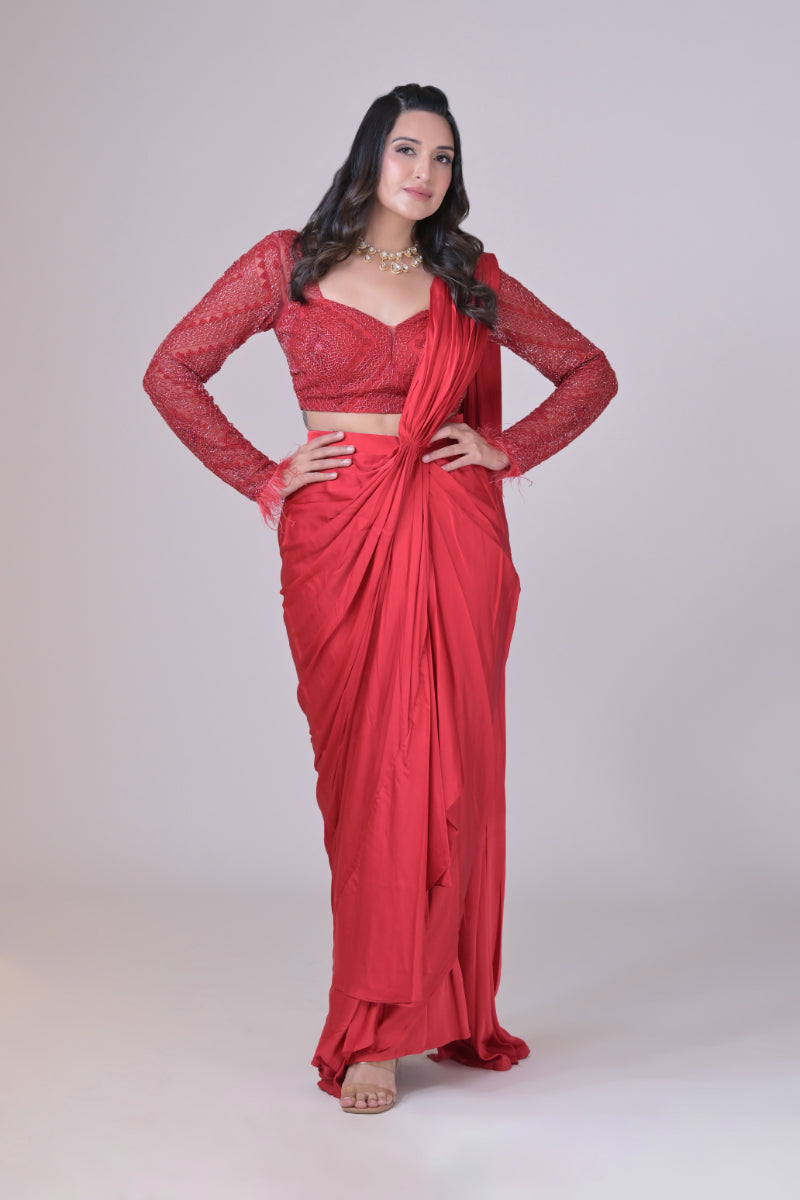 Red drape skirt and a hand beaded crop blouse