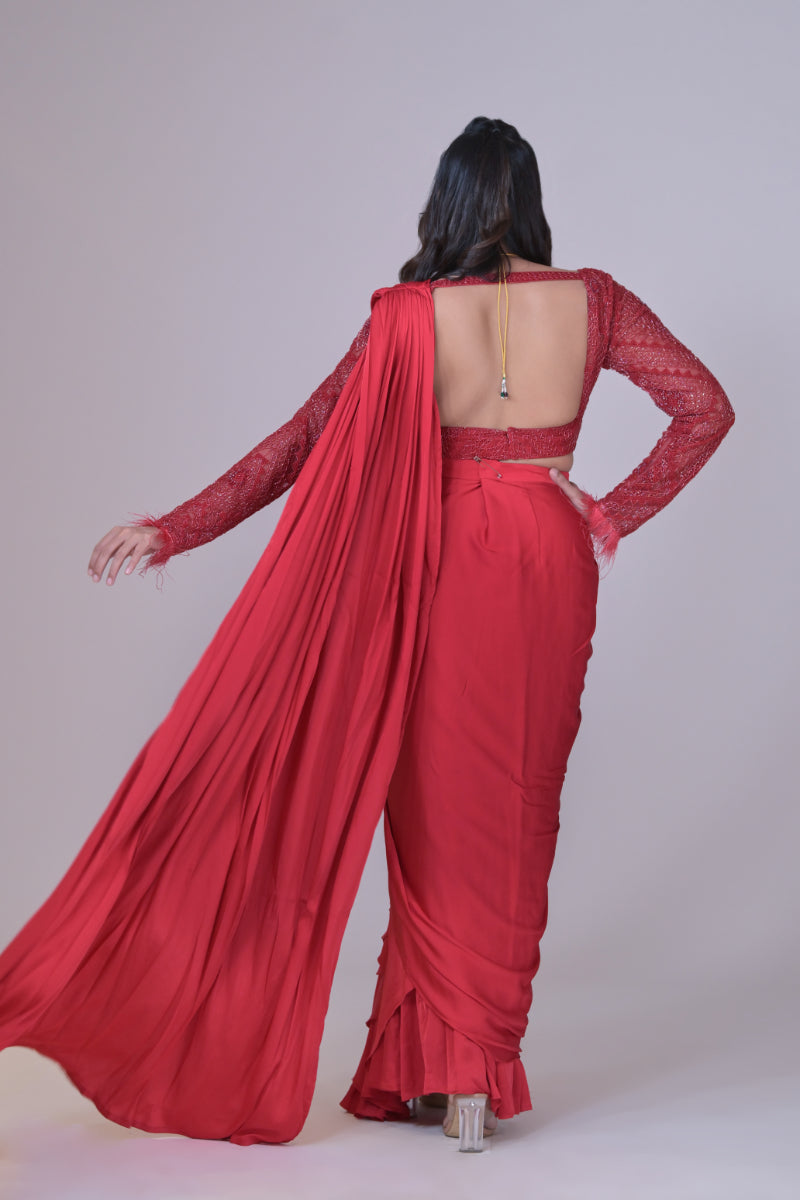 Red drape skirt and a hand beaded crop blouse