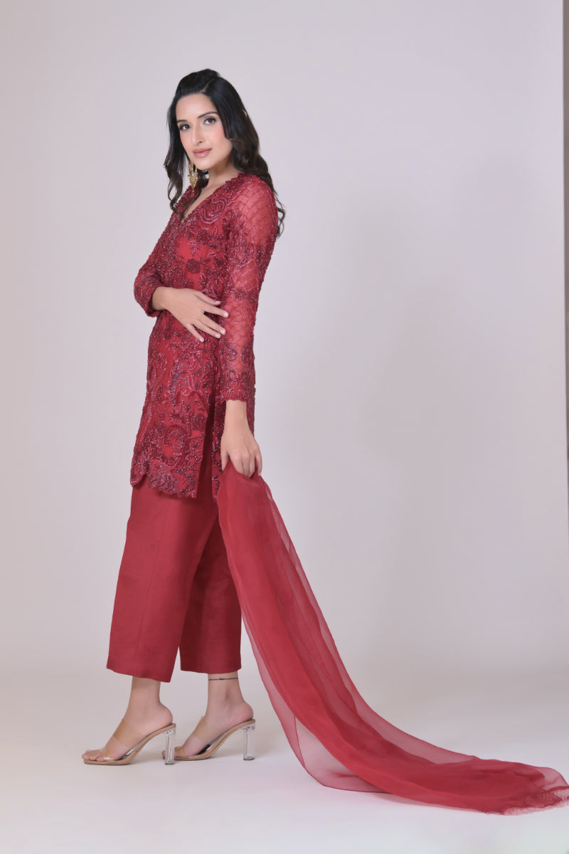 Red short shirt with silk pants and organza dupatha
