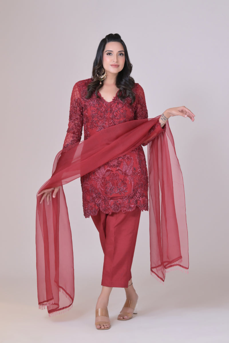 Red short shirt with silk pants and organza dupatha