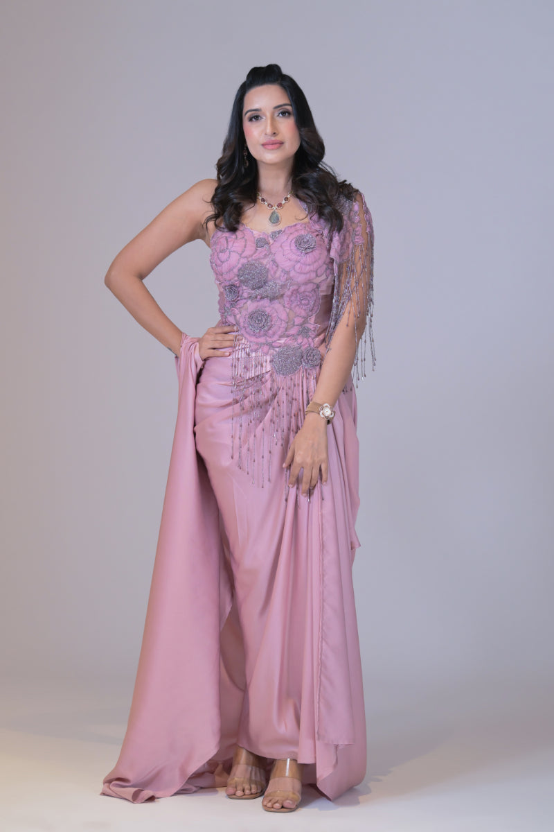 Plump pink 1 piece drape skirt with organza and cutdana work