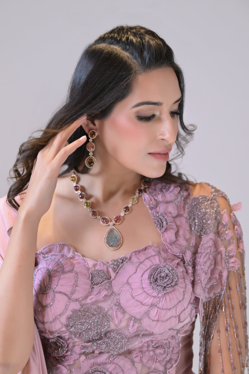 Plump pink 1 piece drape skirt with organza and cutdana work