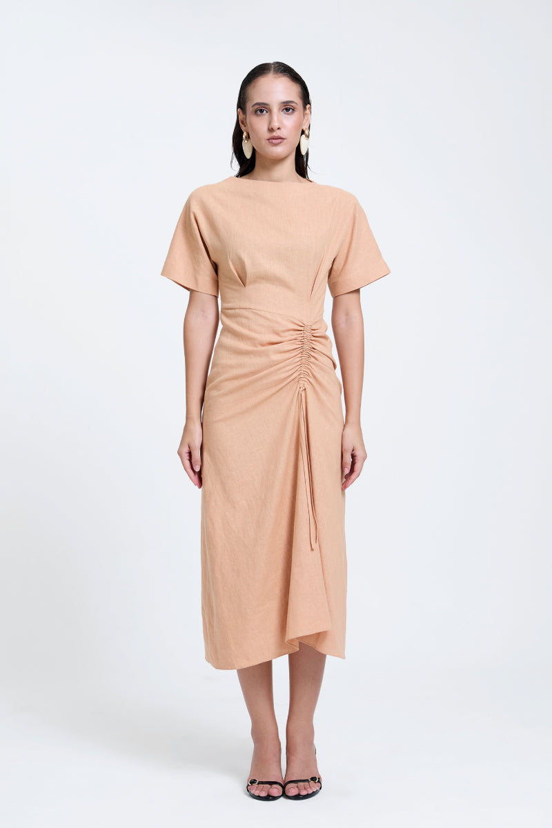 Linen Ruched Drape Dress - AJILIYAA Linen Ruched Drape Dress - AJILIYAA