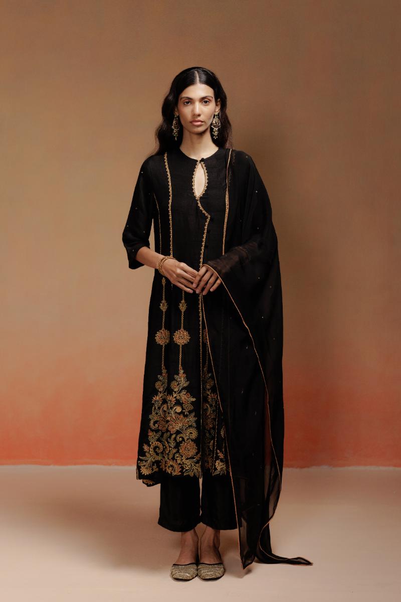 Black Raw Silk Anarkali Set with Gold-Rust Embroidery