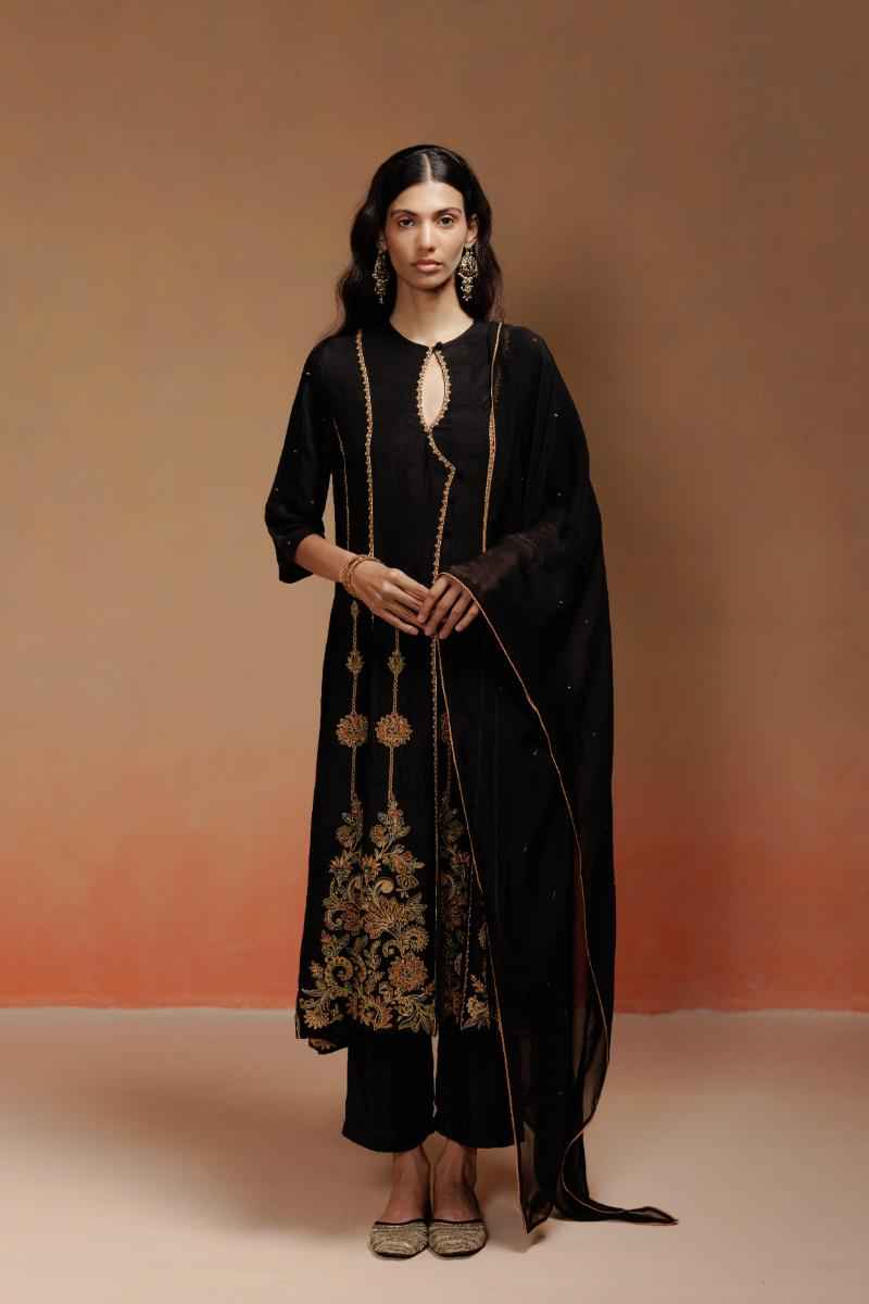 Black Raw Silk Anarkali Set with Gold-Rust Embroidery