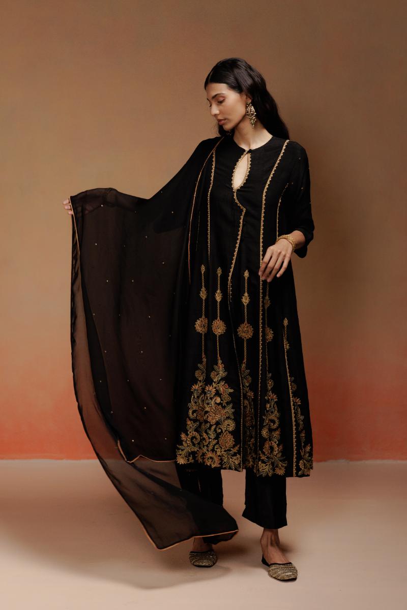 Black Raw Silk Anarkali Set with Gold-Rust Embroidery