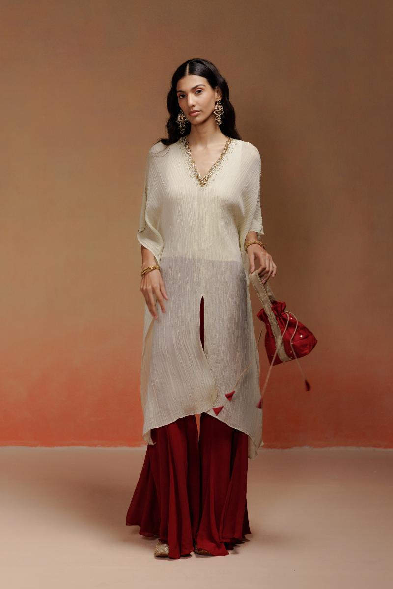 Crushed Tissue Kaftan Set with Stone Neckline