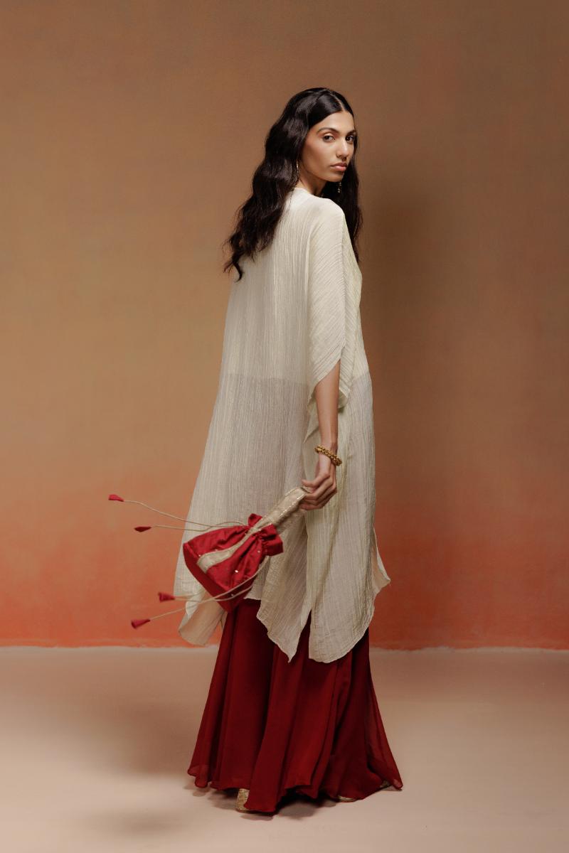 Crushed Tissue Kaftan Set with Stone Neckline