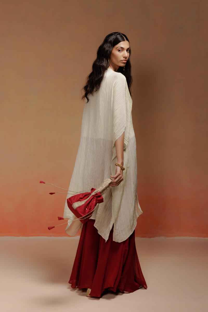 Crushed Tissue Kaftan Set with Stone Neckline