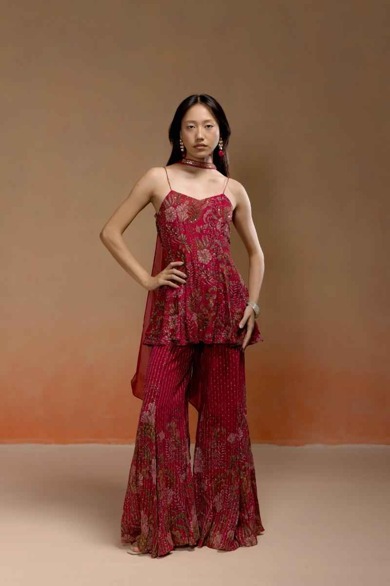 Wine Printed Kurta Set with Jacquard Sharara and Choker Dupatta