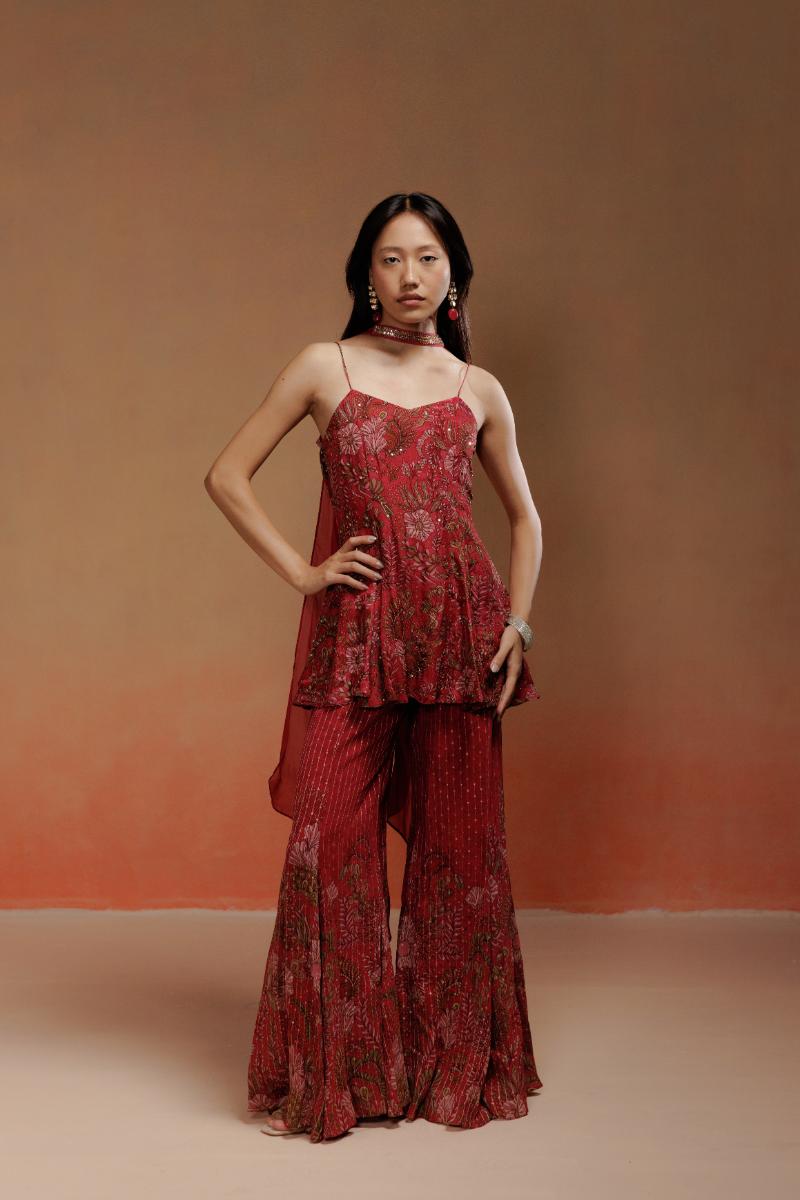 Wine Printed Kurta Set with Jacquard Sharara and Choker Dupatta