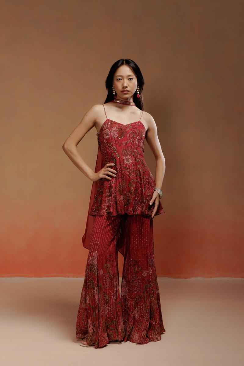 Wine Printed Kurta Set with Jacquard Sharara and Choker Dupatta