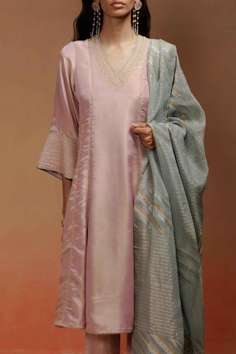 Baby Pink Tissue Kurta Set with Dori Embroidery and Baby Blue Dupatta