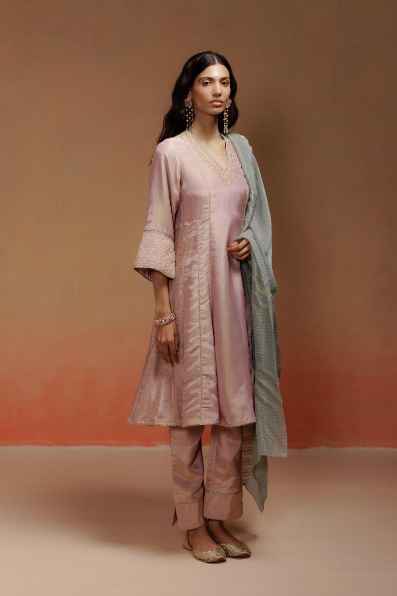 Baby Pink Tissue Kurta Set with Dori Embroidery and Baby Blue Dupatta