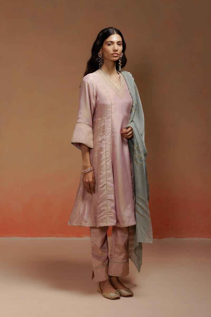 Baby Pink Tissue Kurta Set with Dori Embroidery and Baby Blue Dupatta