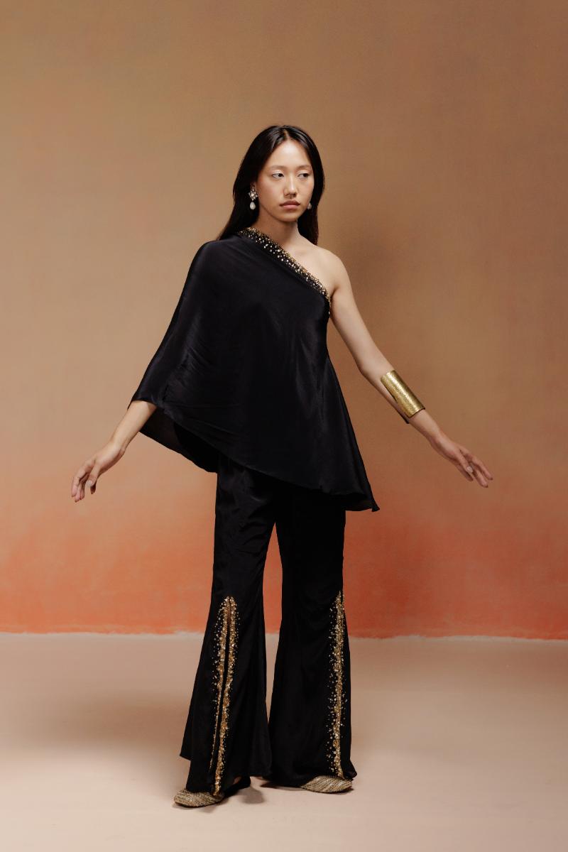 Black Off-Shoulder Tunic Set with Bronze and Gold Stone Embroidery