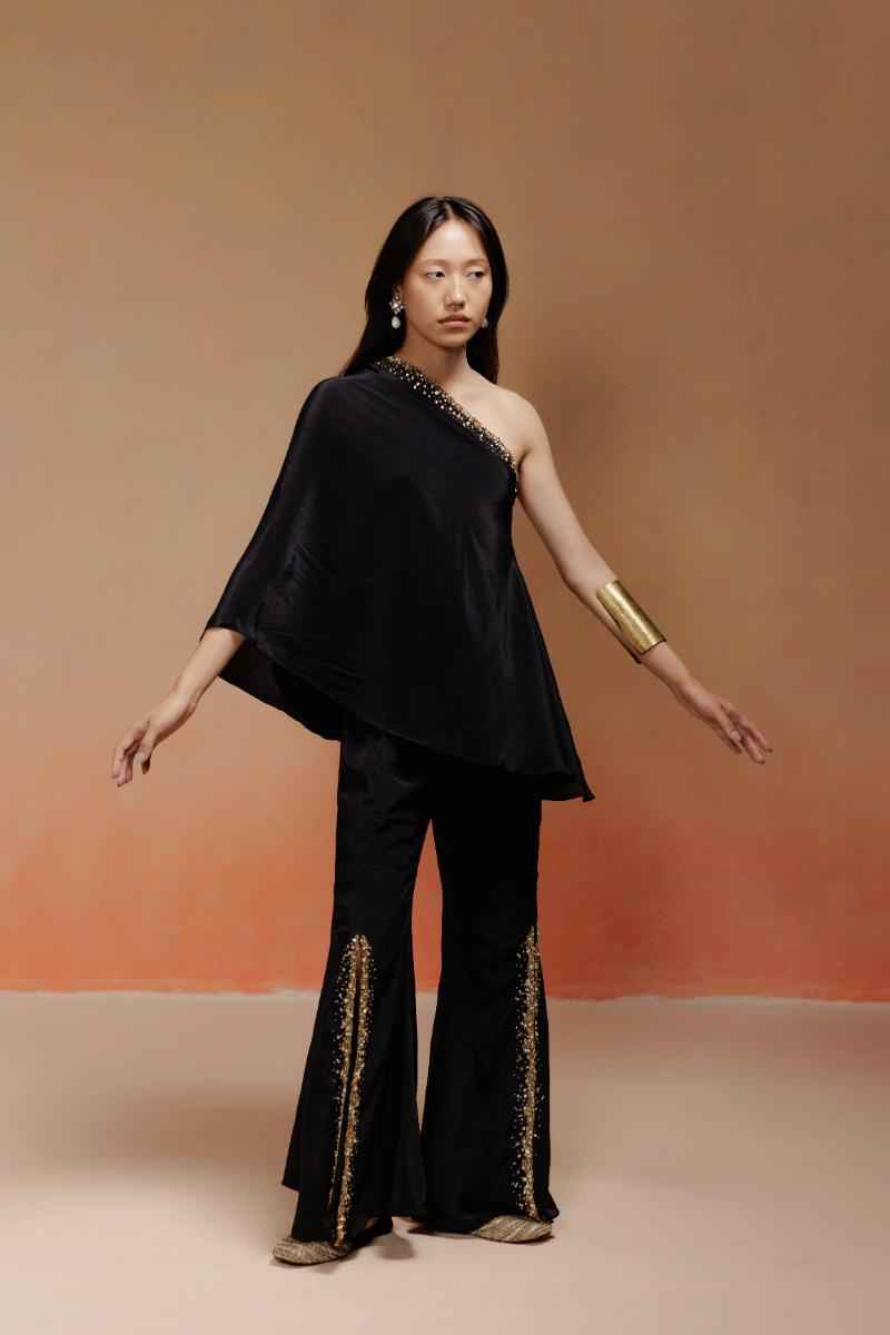 Black Off-Shoulder Tunic Set with Bronze and Gold Stone Embroidery