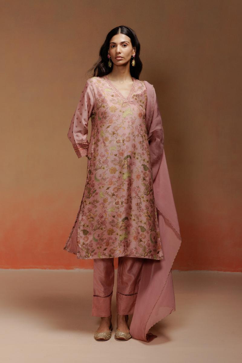 Pink Printed Raw Silk Kurta Set