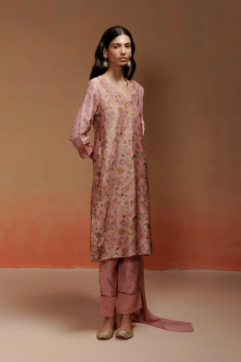 Pink Printed Raw Silk Kurta Set