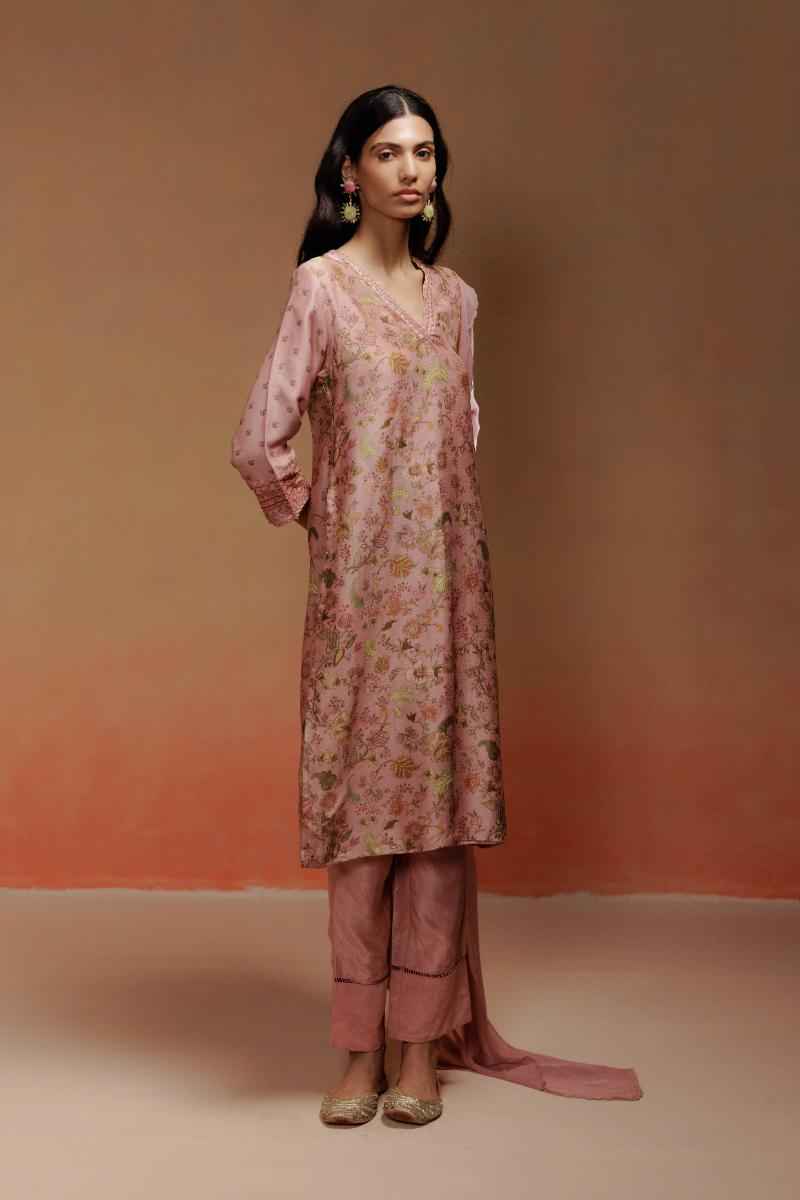 Pink Printed Raw Silk Kurta Set