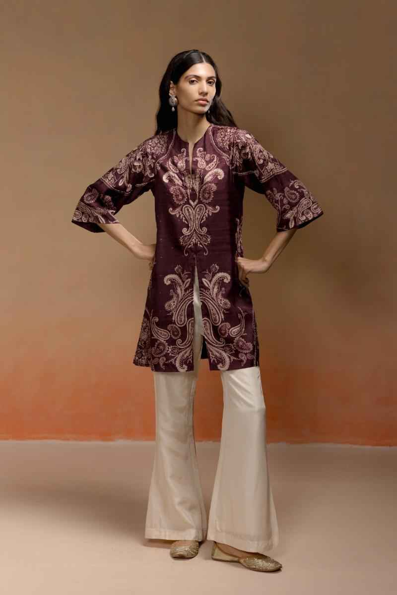 Deep Wine Jacquard Kurta Set with Paisley Print and Ivory Silk Pants