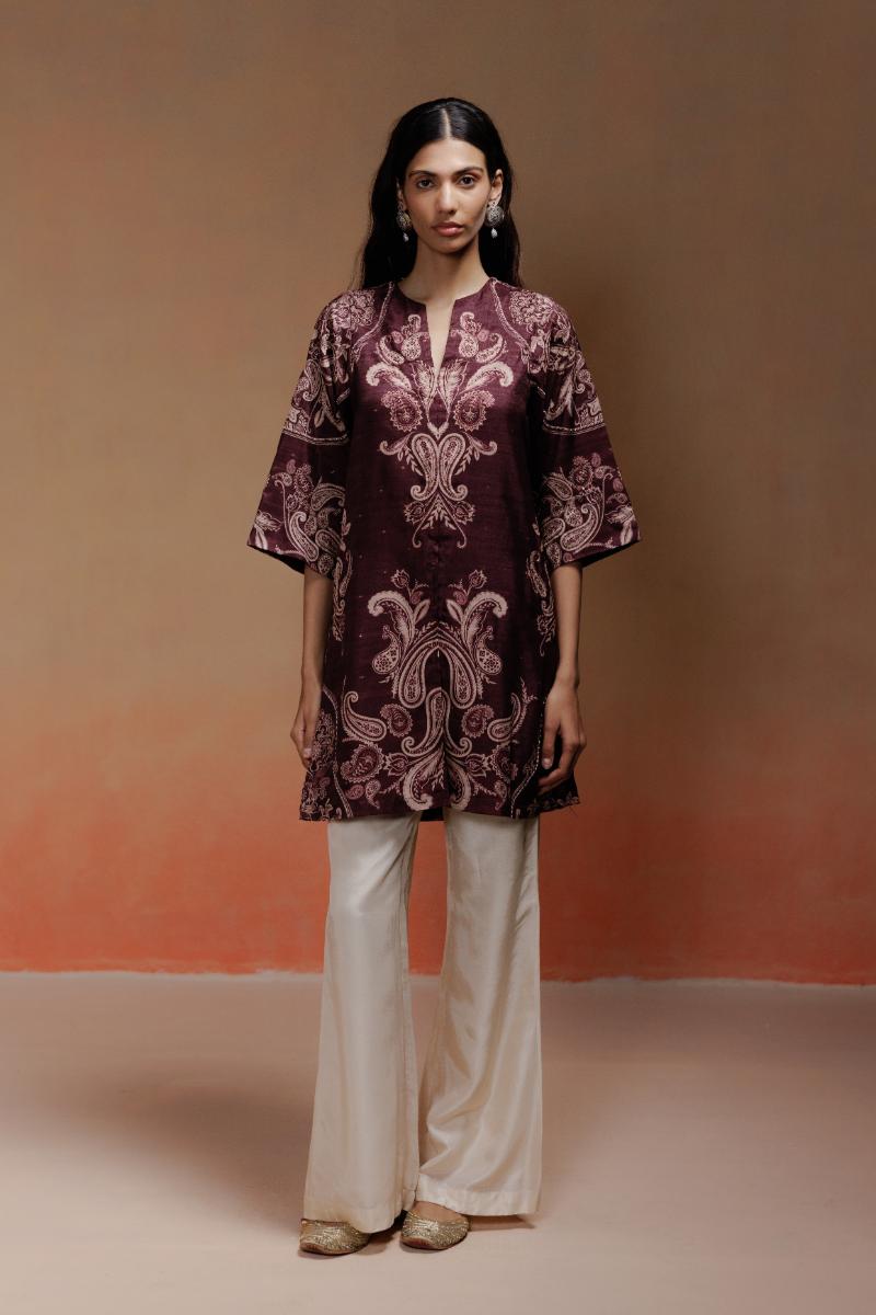 Deep Wine Jacquard Kurta Set with Paisley Print and Ivory Silk Pants