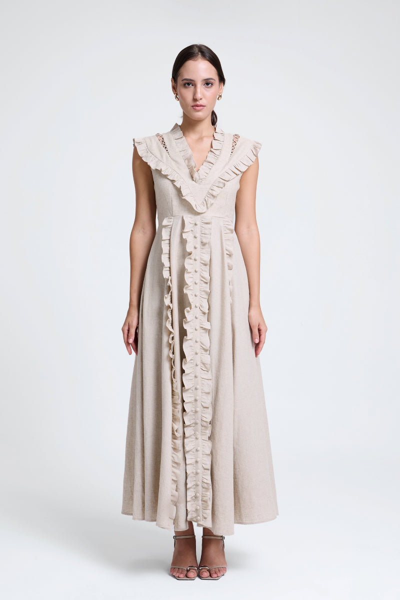 Natural Dramatic Ruffled Dress