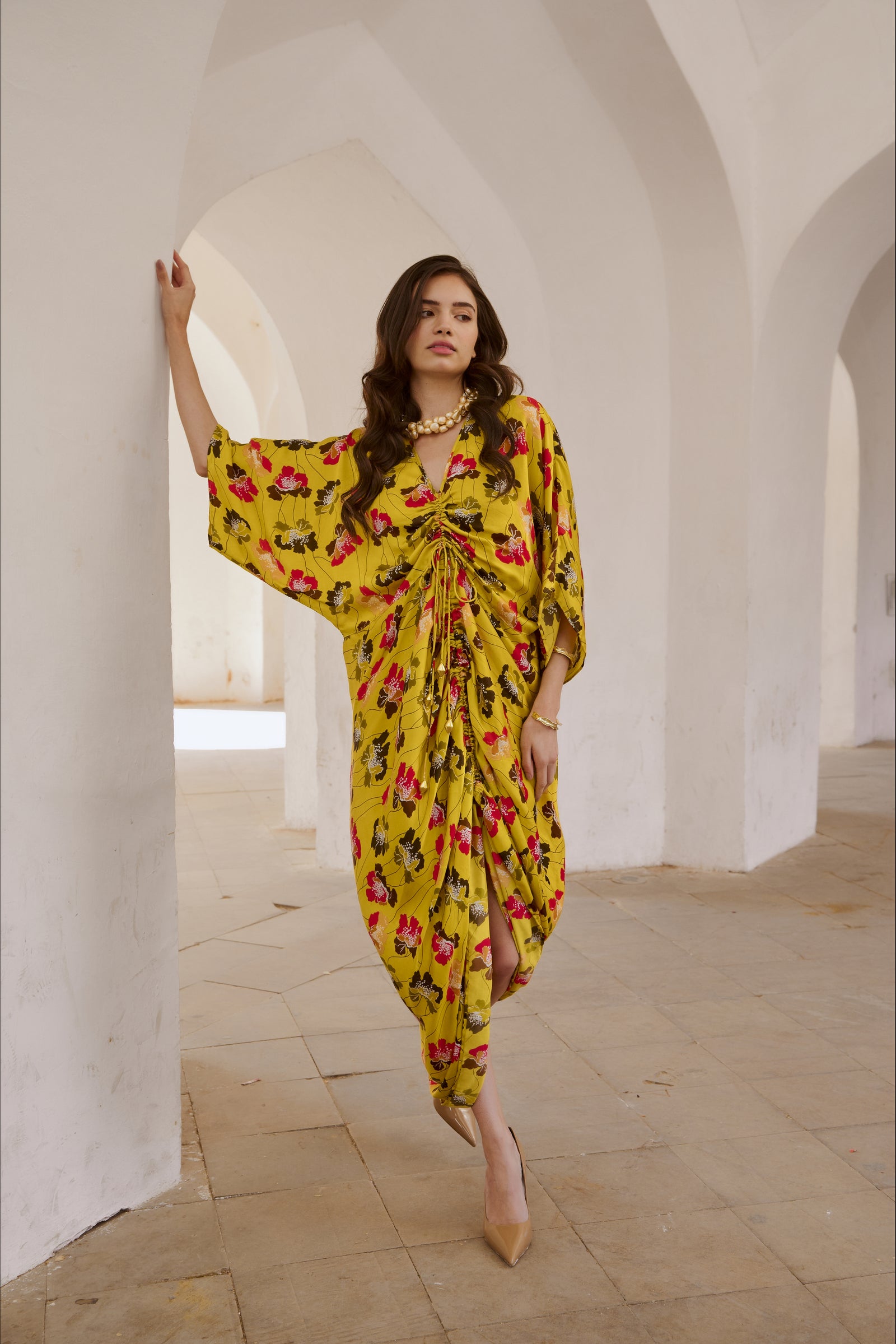 Gulbahar drawstring poppy kaftan dress