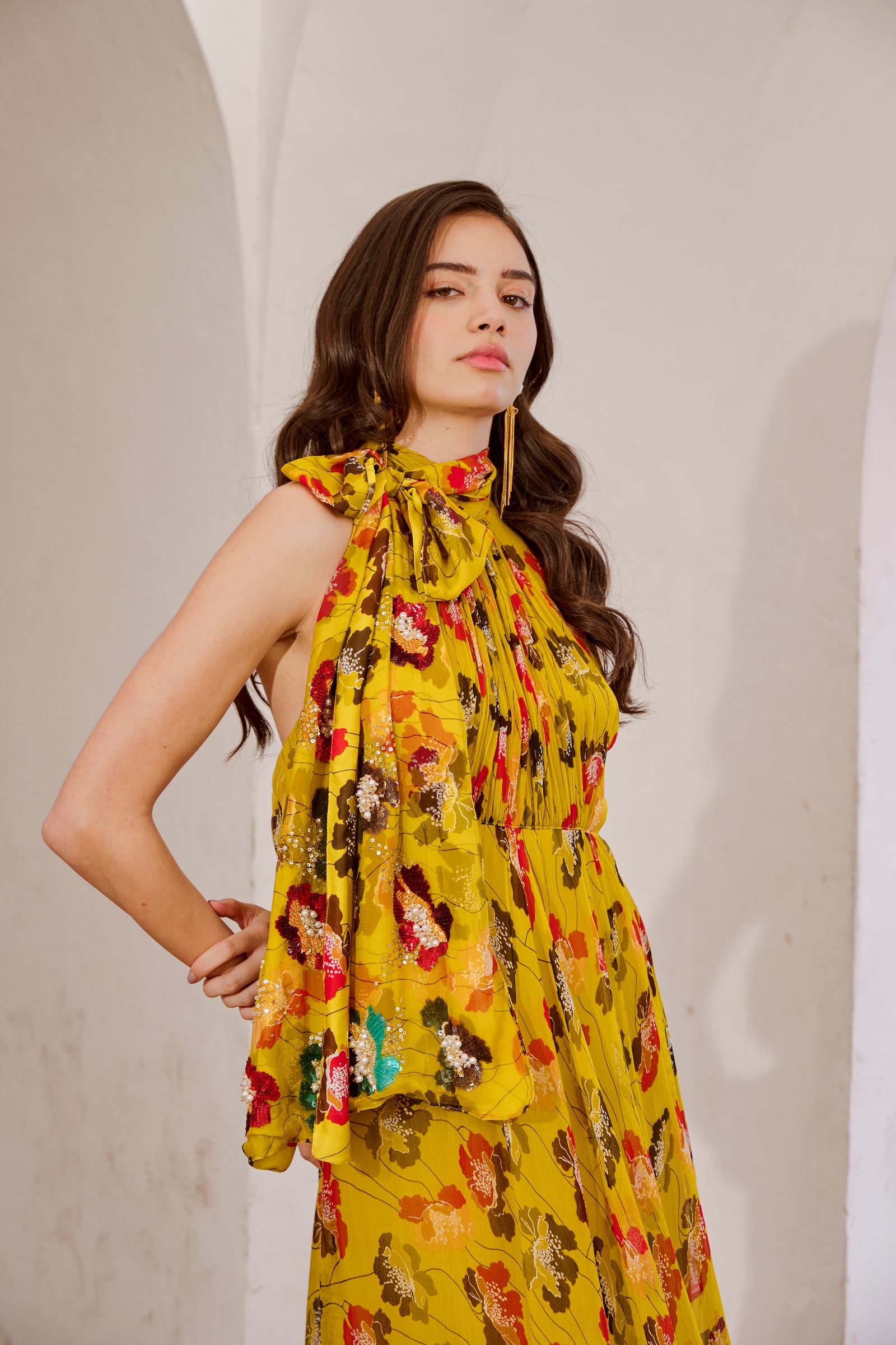 Gulbahar Bumble bee green halter maxi with seperate bow set.