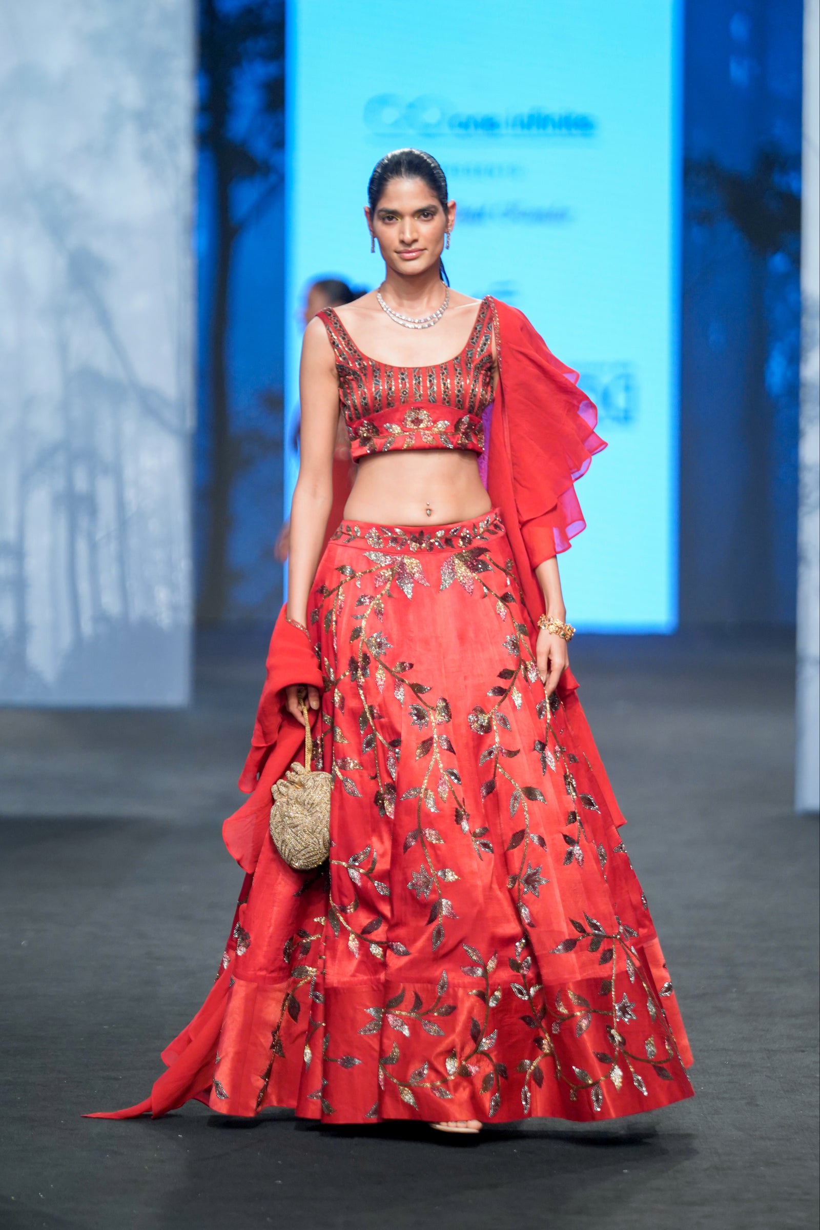 Marrot lehenga with blouse and Ruffle dupatta