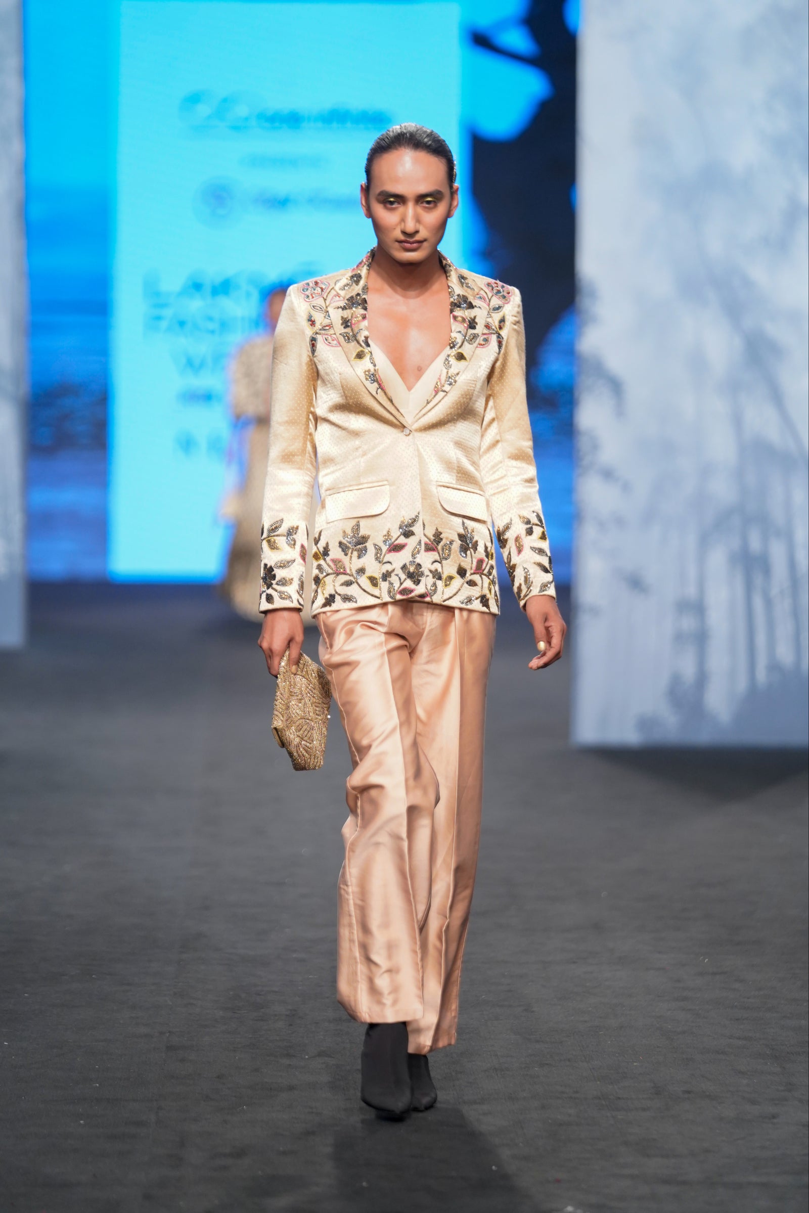 Beige embellished jacket with pants