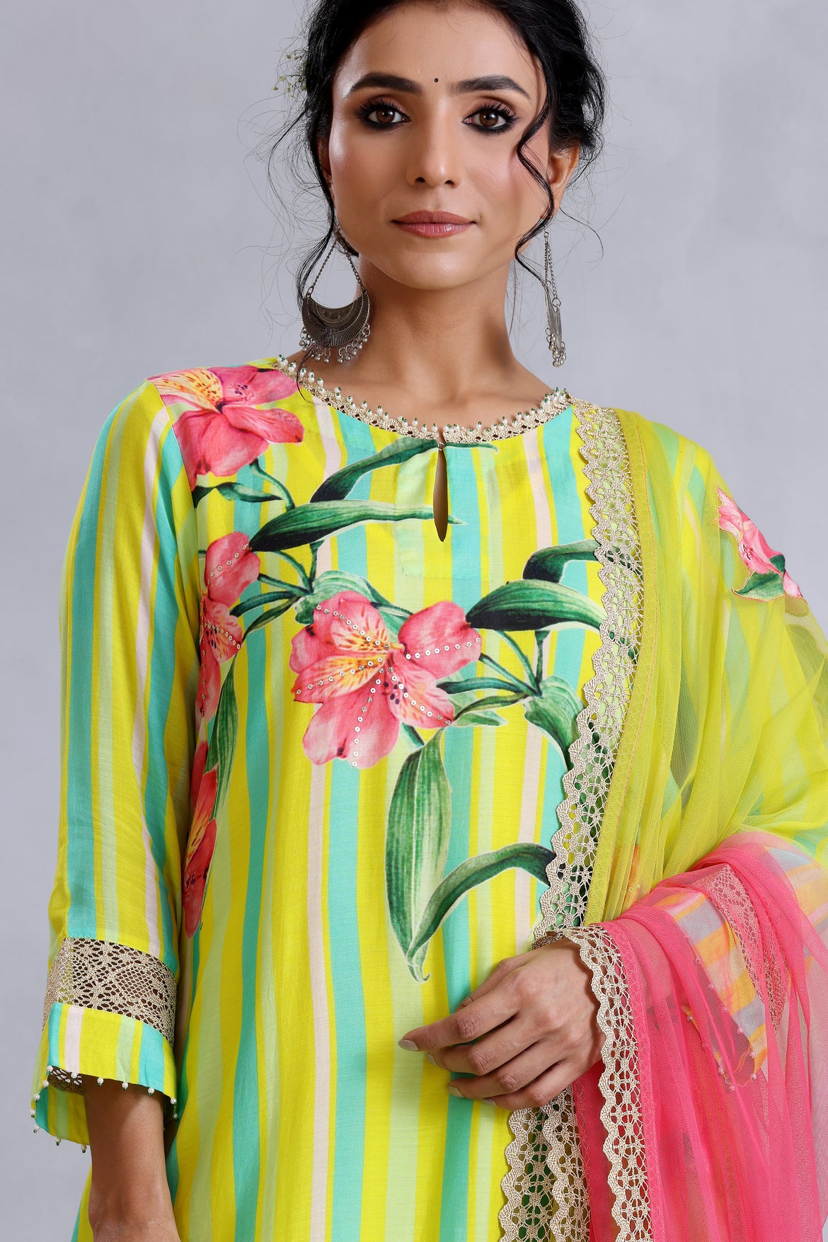 Yellow stripe print kurta