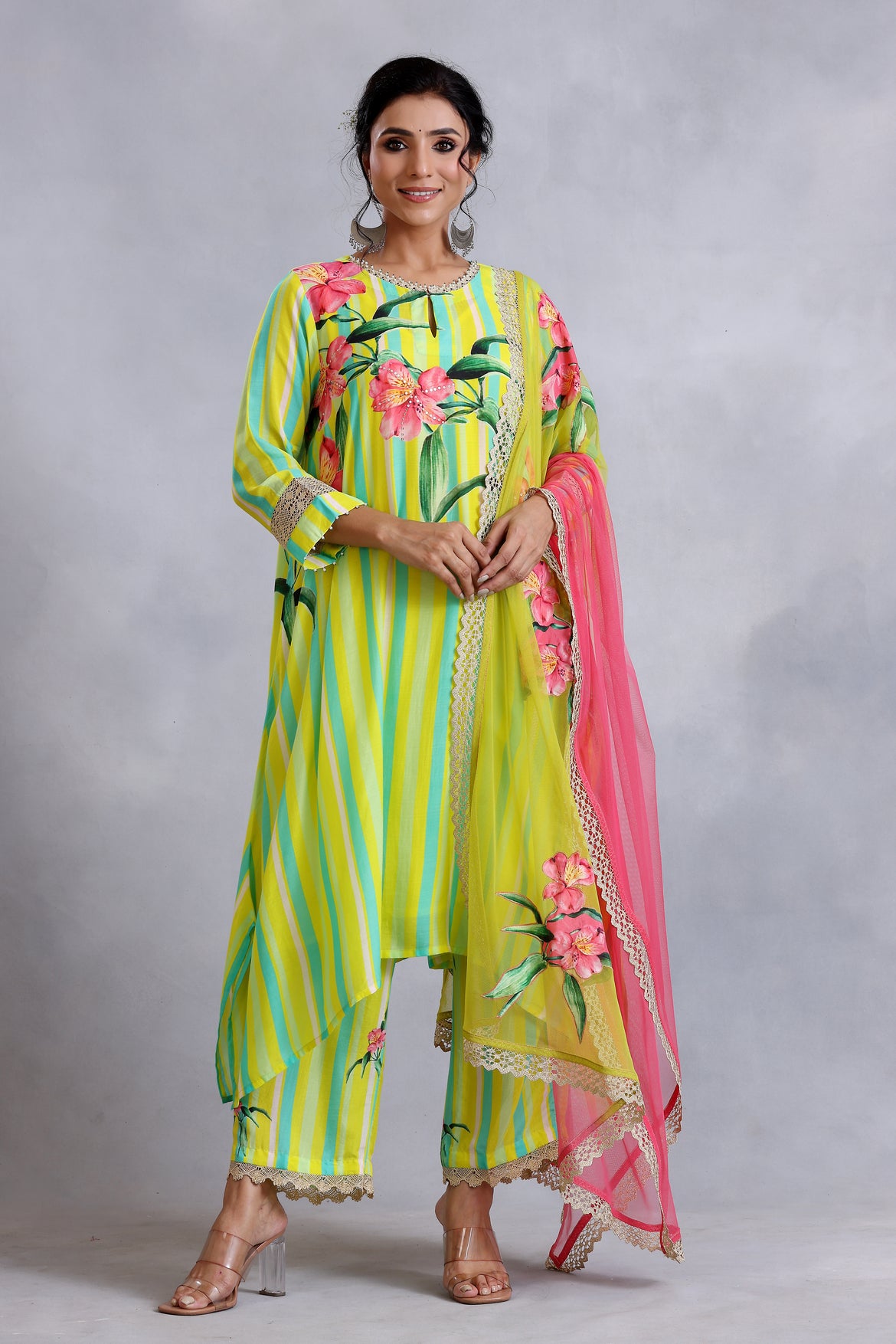 Yellow stripe print kurta