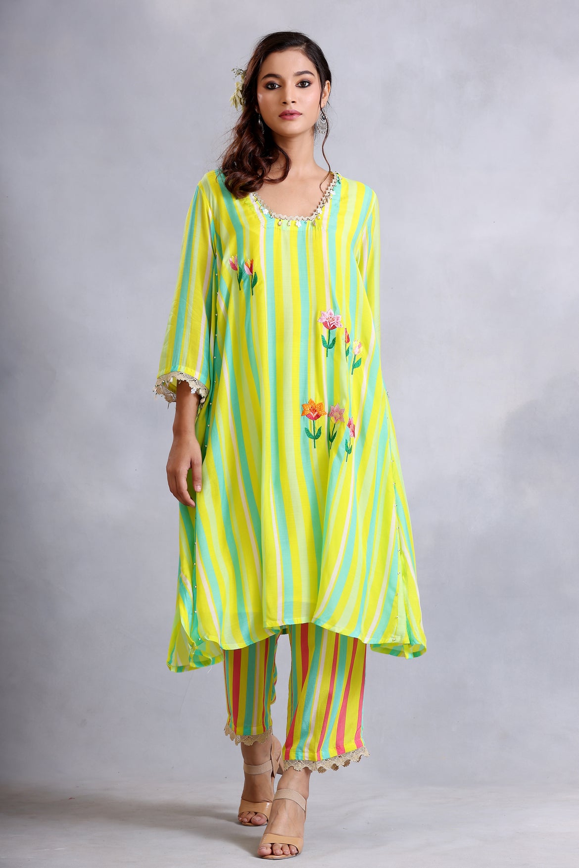 Yellow princess cut embroidered kurta set