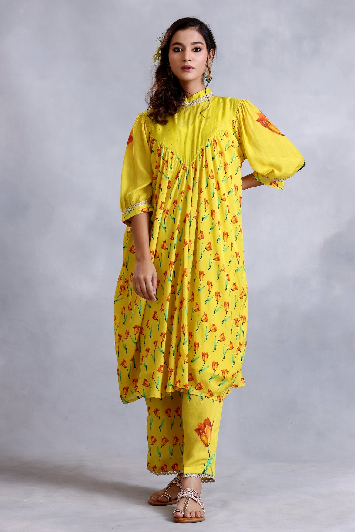 Ochre Yellow drape kurta set