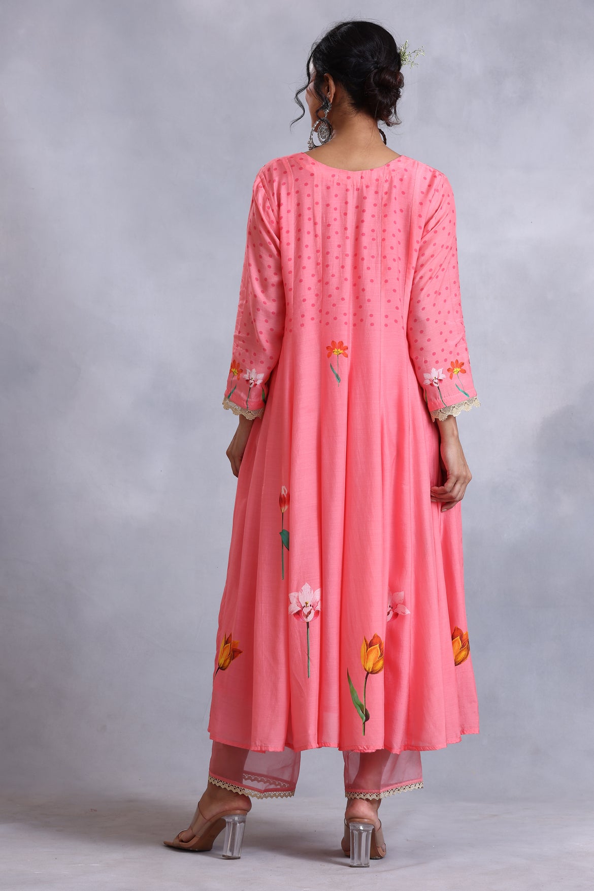 Peach kalidar kurta with straight pants and coral net dupatta