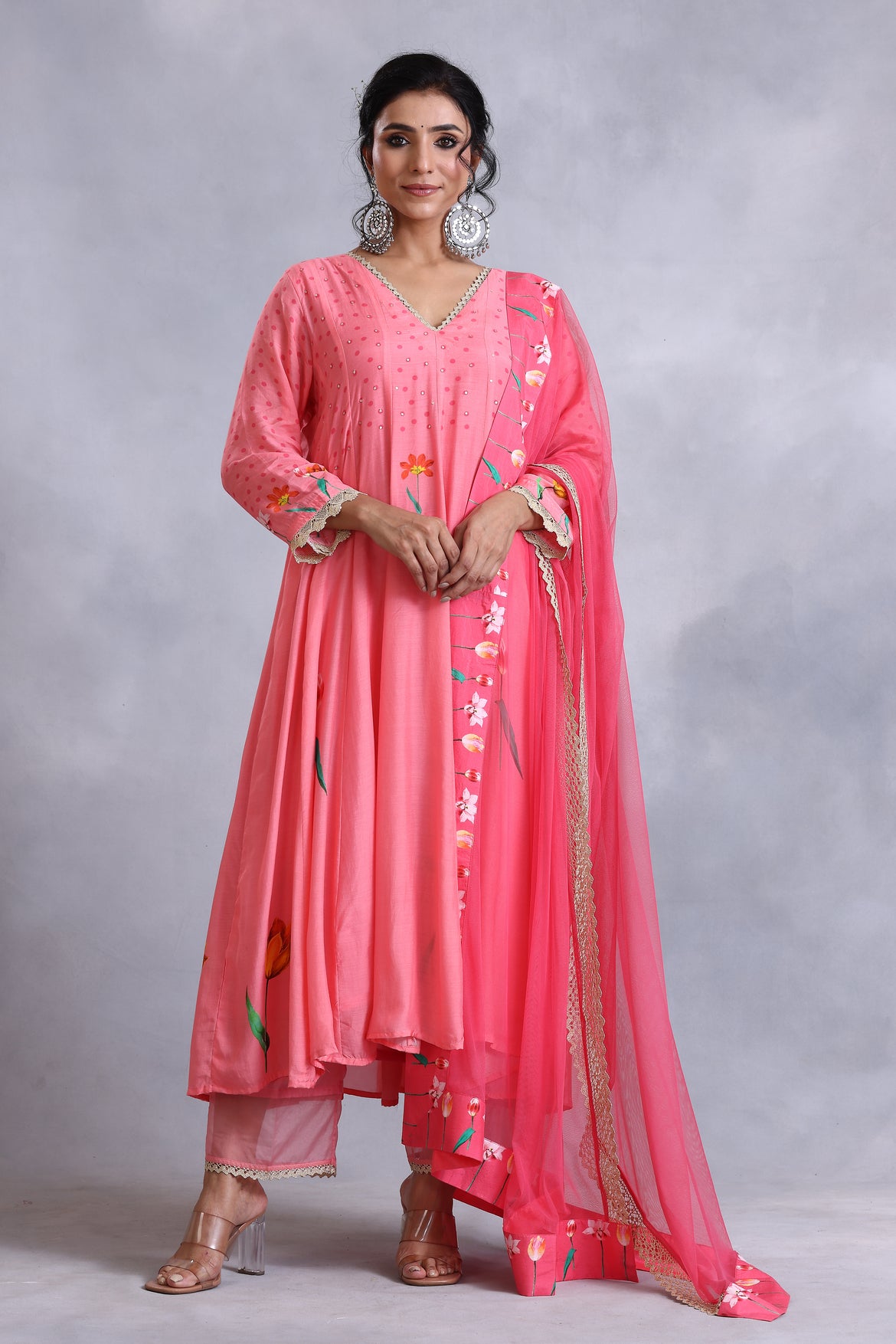 Peach kalidar kurta with straight pants and coral net dupatta