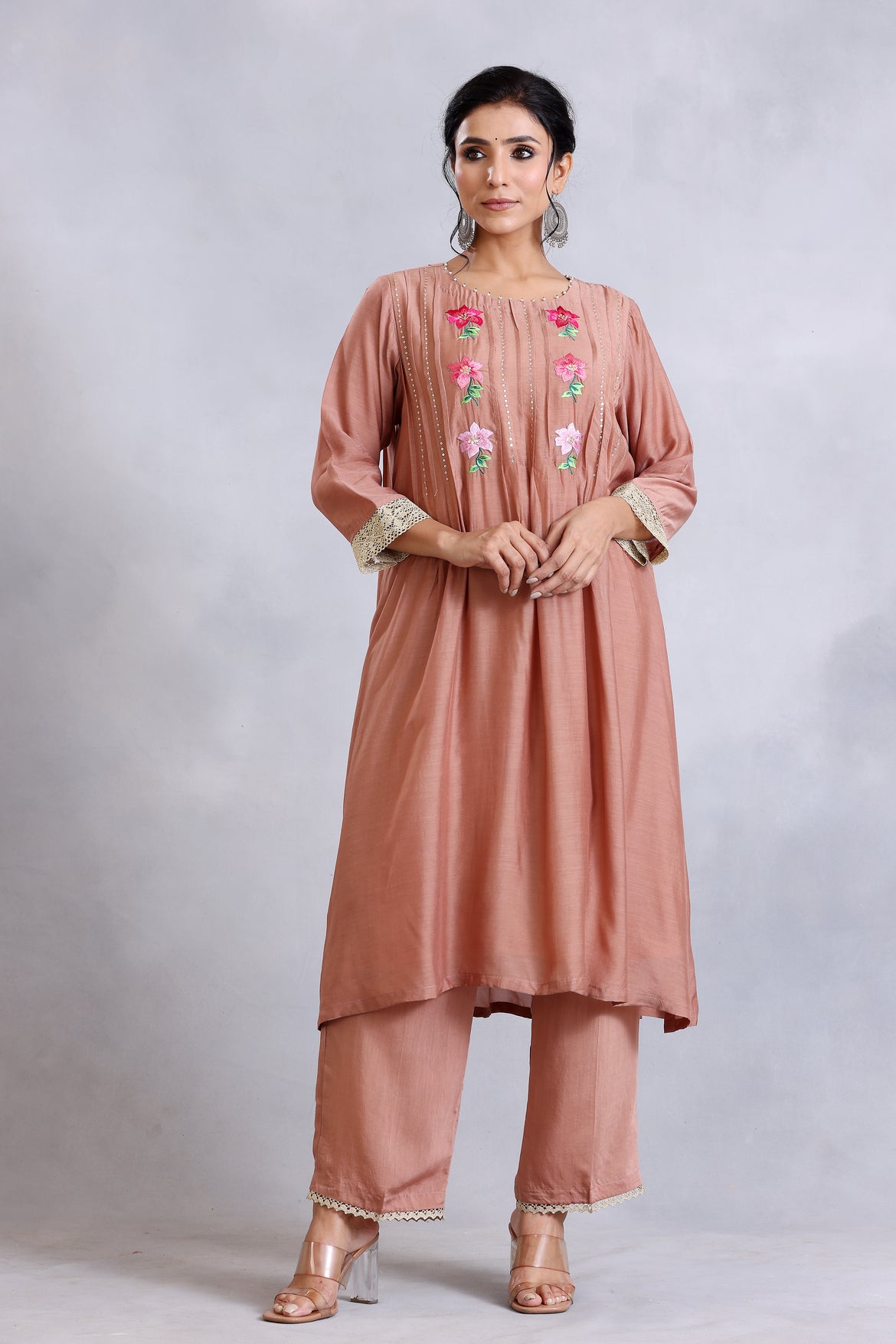 Nude brown embroidered kurta set