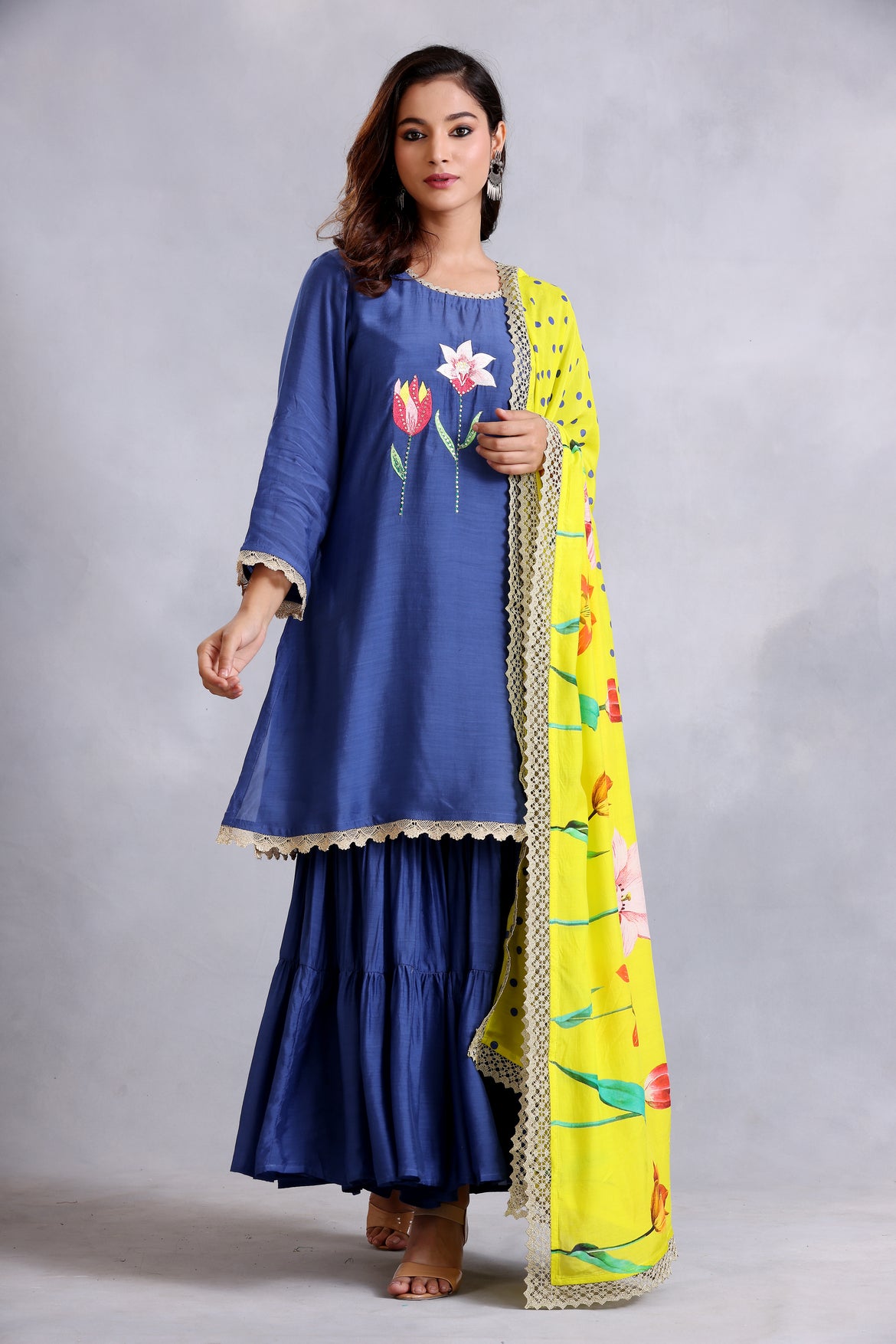 Blue embroidered kurta with gharara pant and dupatta