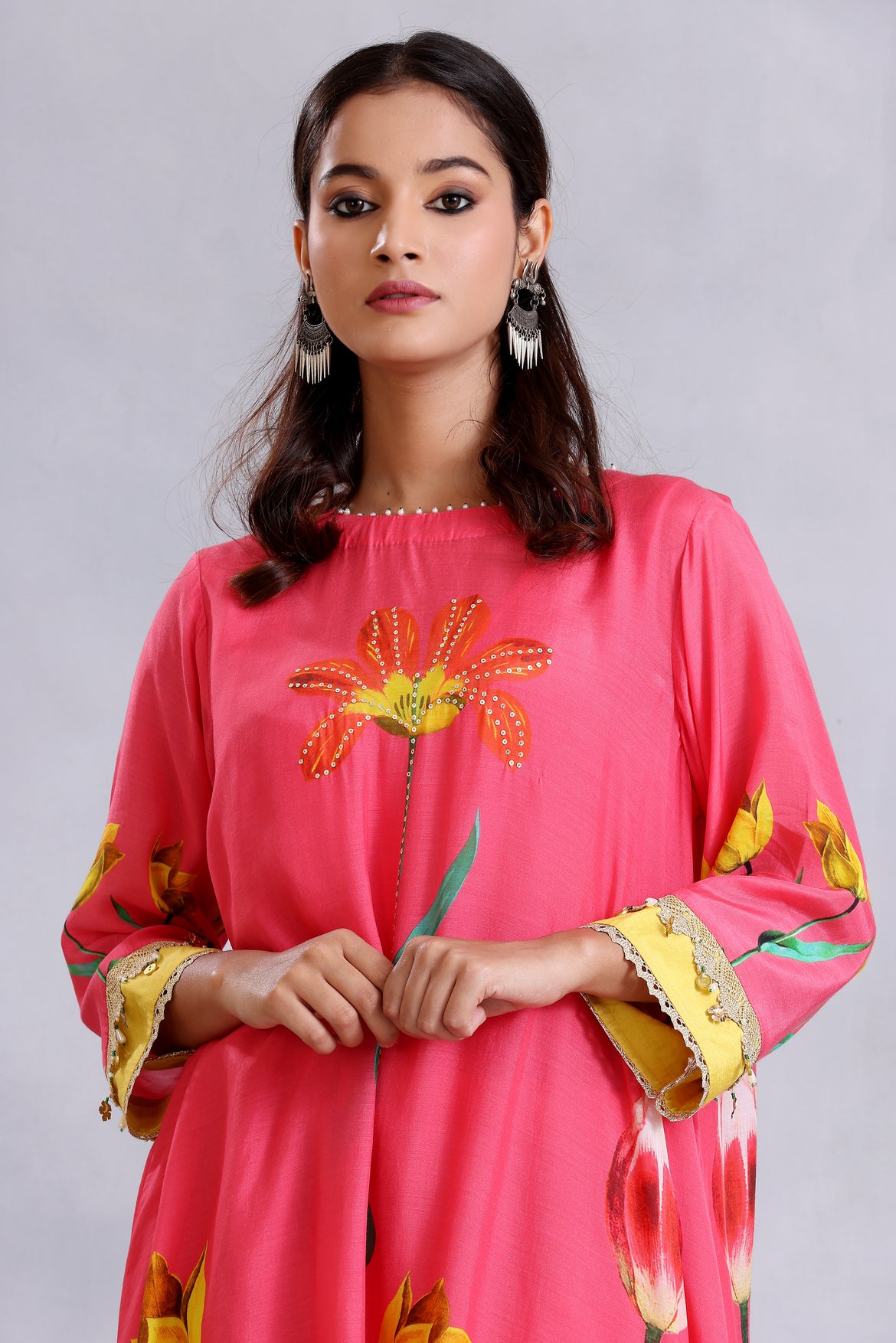Coral pink print kurta  with yellow draped pant