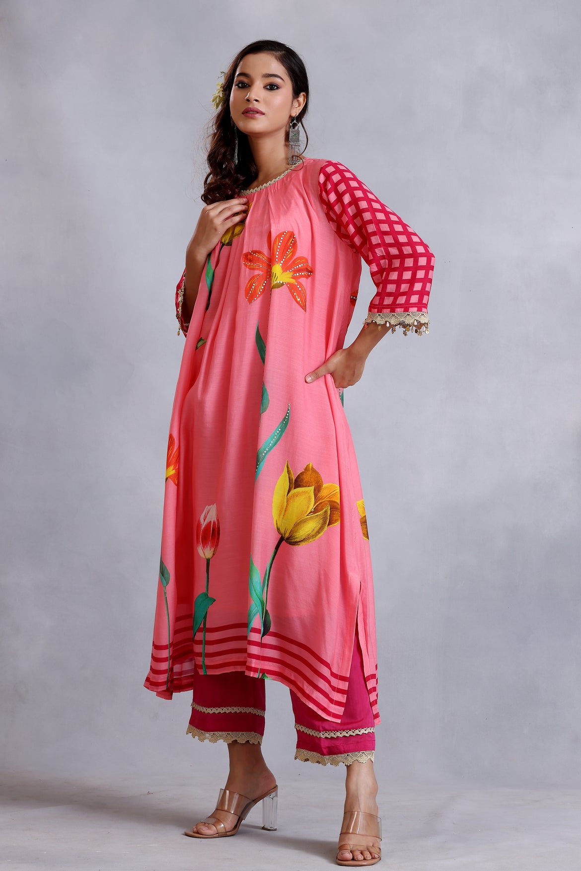 Peach pleated kurta