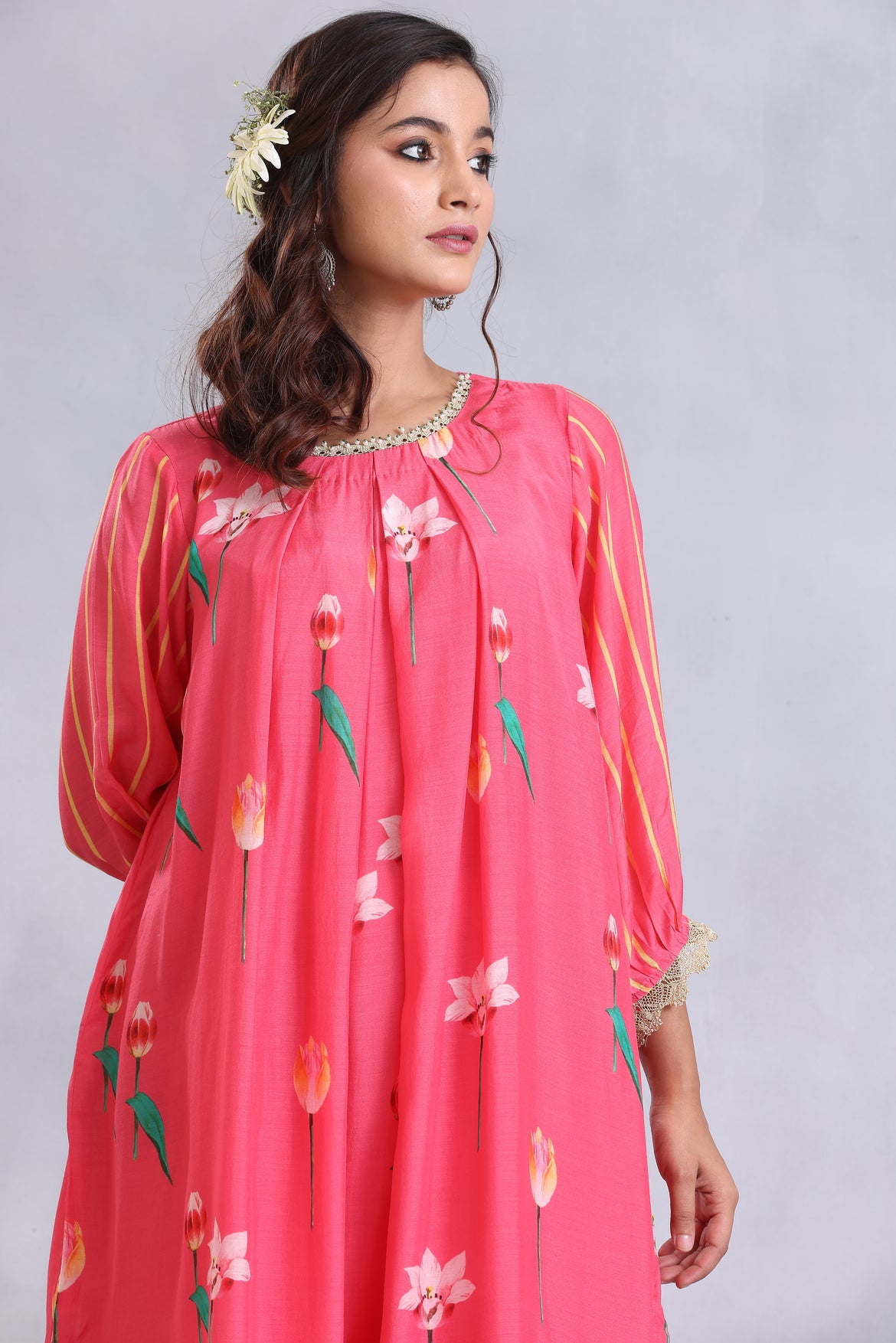 Coral pink pleated kurta