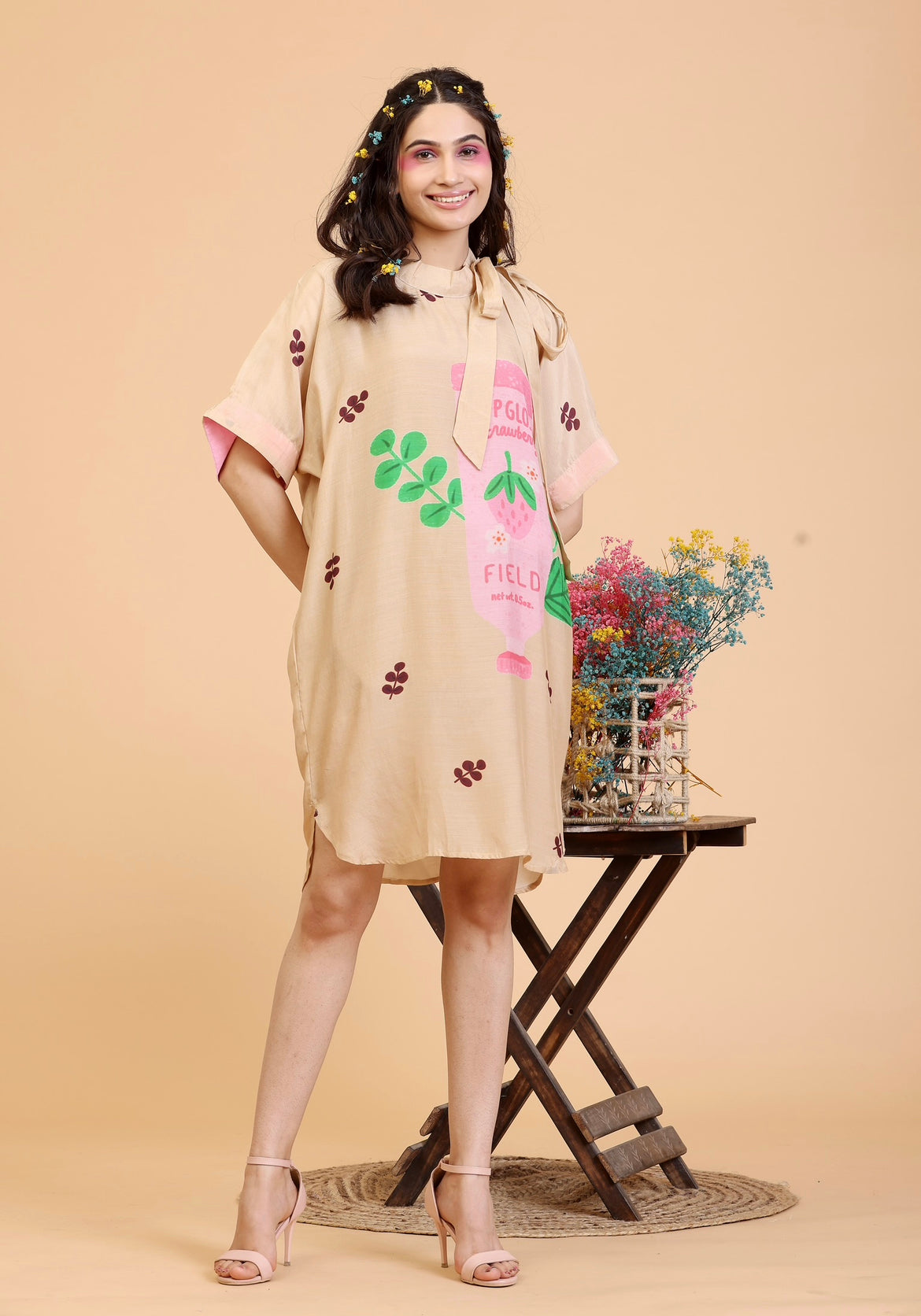 print golden beige shift dress