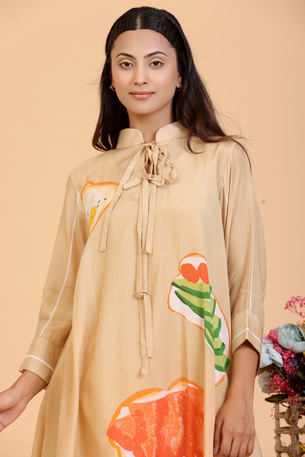 quirky print golden beige A-Line dress