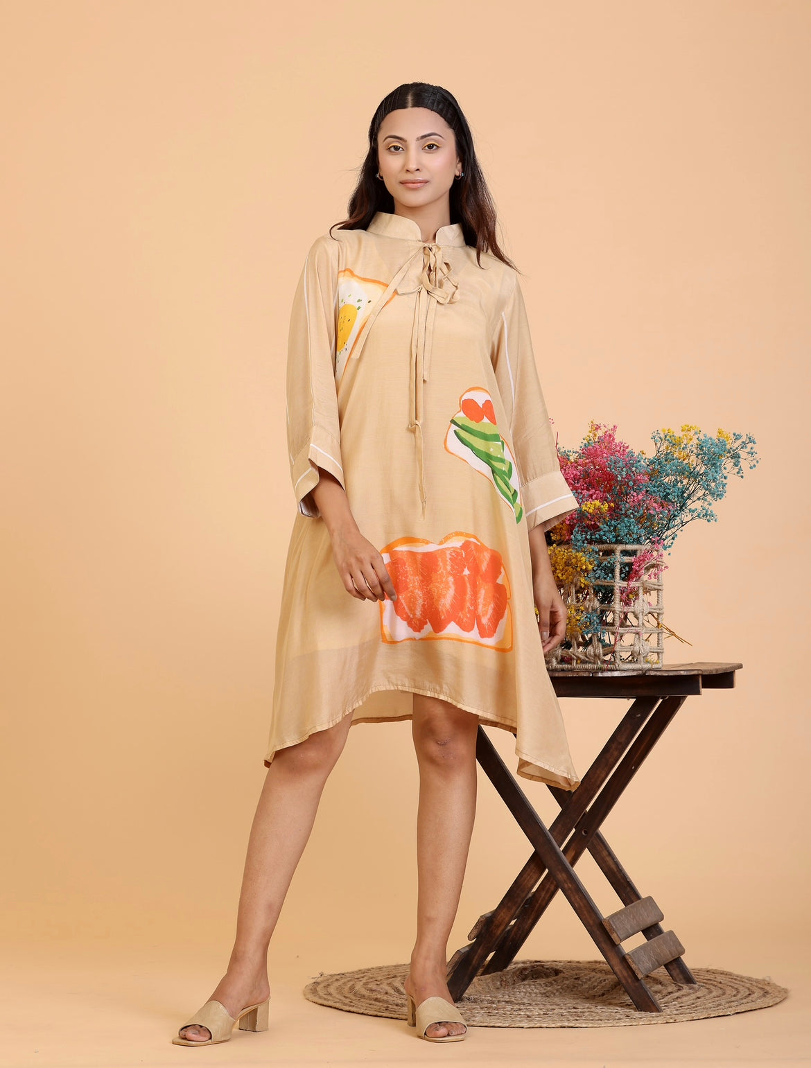 quirky print golden beige A-Line dress